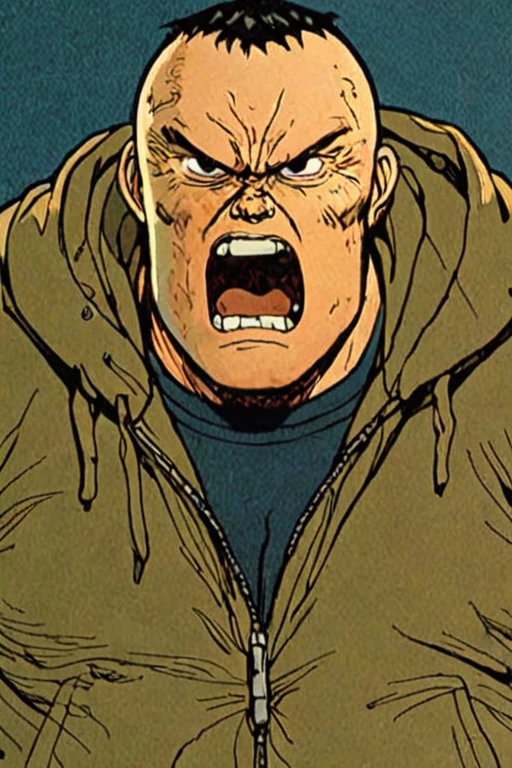 Comic panel illustration of a big angry man in a jacket, akira style <lora:Akira_Style_XL>