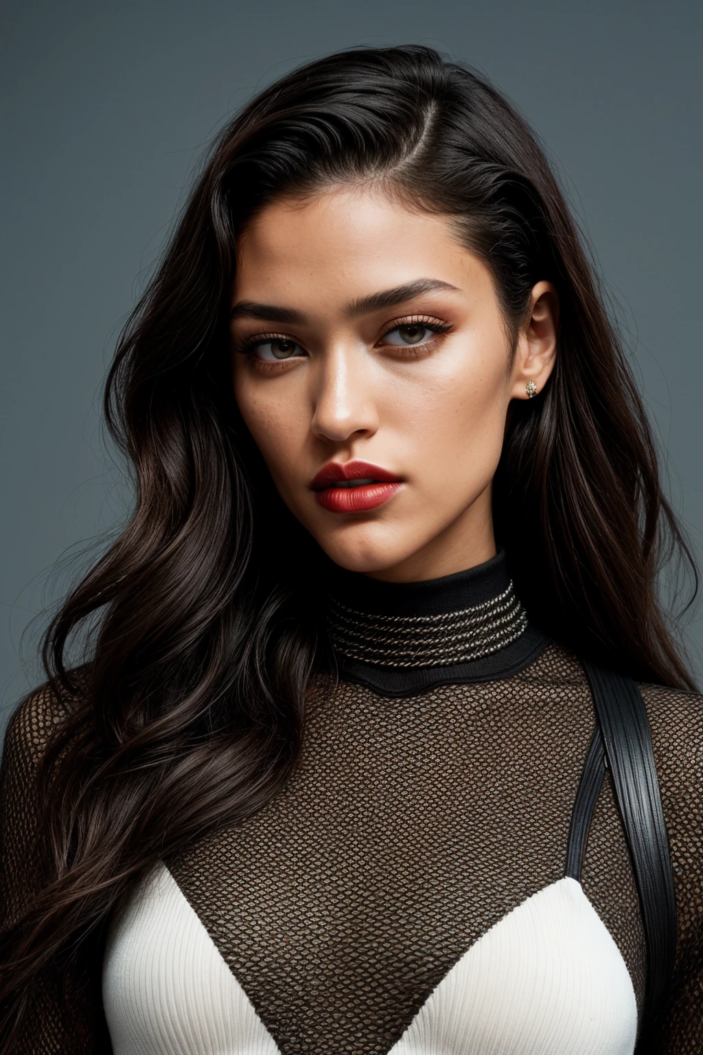photo of (EPD4n1C4rb0n:0.99), closeup portrait, perfect hair, (modern photo,Fendi logo-printed knit dress), 24mm, (analog, cinematic, film grain:1.3), ((armory, gradient:1.1)), ((detailed eyes)), ((eyeliner, long lashes)), (epicPhoto), long eyelashes, (perfect waist), (painted lips)