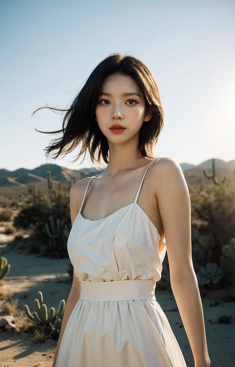 aespakarina,1girl, dynamic angle, desert, (cactus) in the foreground, white dress, with golden accessories,light tracing, (windy dust:1.2),(floating hair:1.1),intense look
hot sun,(cowboy shot),professional model,
(photorealistic:1.4), official art, fractal art,unity 8k wallpaper, ultra detailed, beautiful and aesthetic,look at viewer, masterpiece,best quality, glowing skin, cinematic lighting,<lora:karinav2-byhighwizardSver:1>