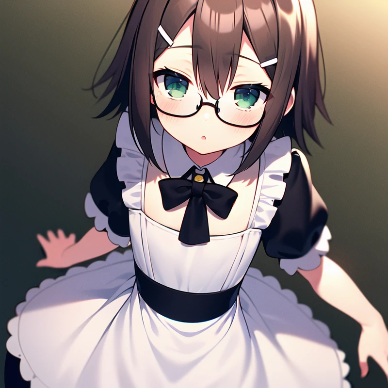 1boy, otoko no ko, male focus, solo, masterpiece, best quality, illustration, absurdres, cute, film_grain, extremely detailed face, perfect lighting, cowboy shot, <lora:hideyoshi_kinoshita:0.7>, hideyoshi_kinoshita, brown hair, green eyes, hair ornament, hairclip, hair between eyes, flat chest, see-through, maid, maid dress, glasses, hair ornament,