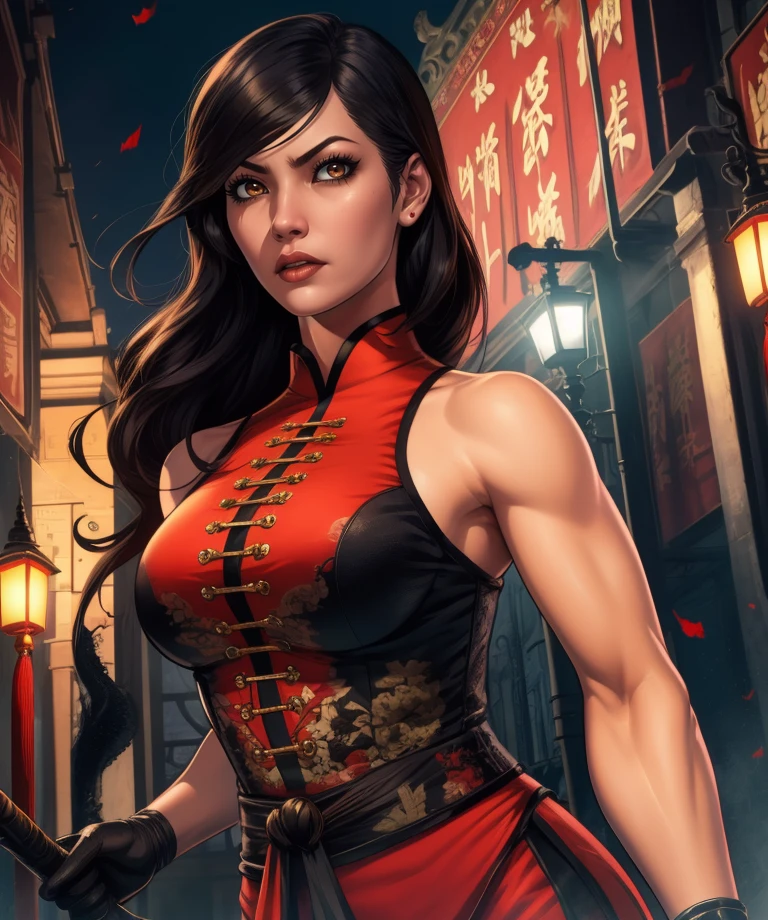 LadyShiva,brown eyes,black hair,long hair,
chinese clothes,black pants,gloves,bare shoulders,toned,
standing,upper body,
gotham,temple,
(insanely detailed, beautiful detailed face, masterpiece, best quality) cinematic lighting,<lora:LadyShiva:0.7>,