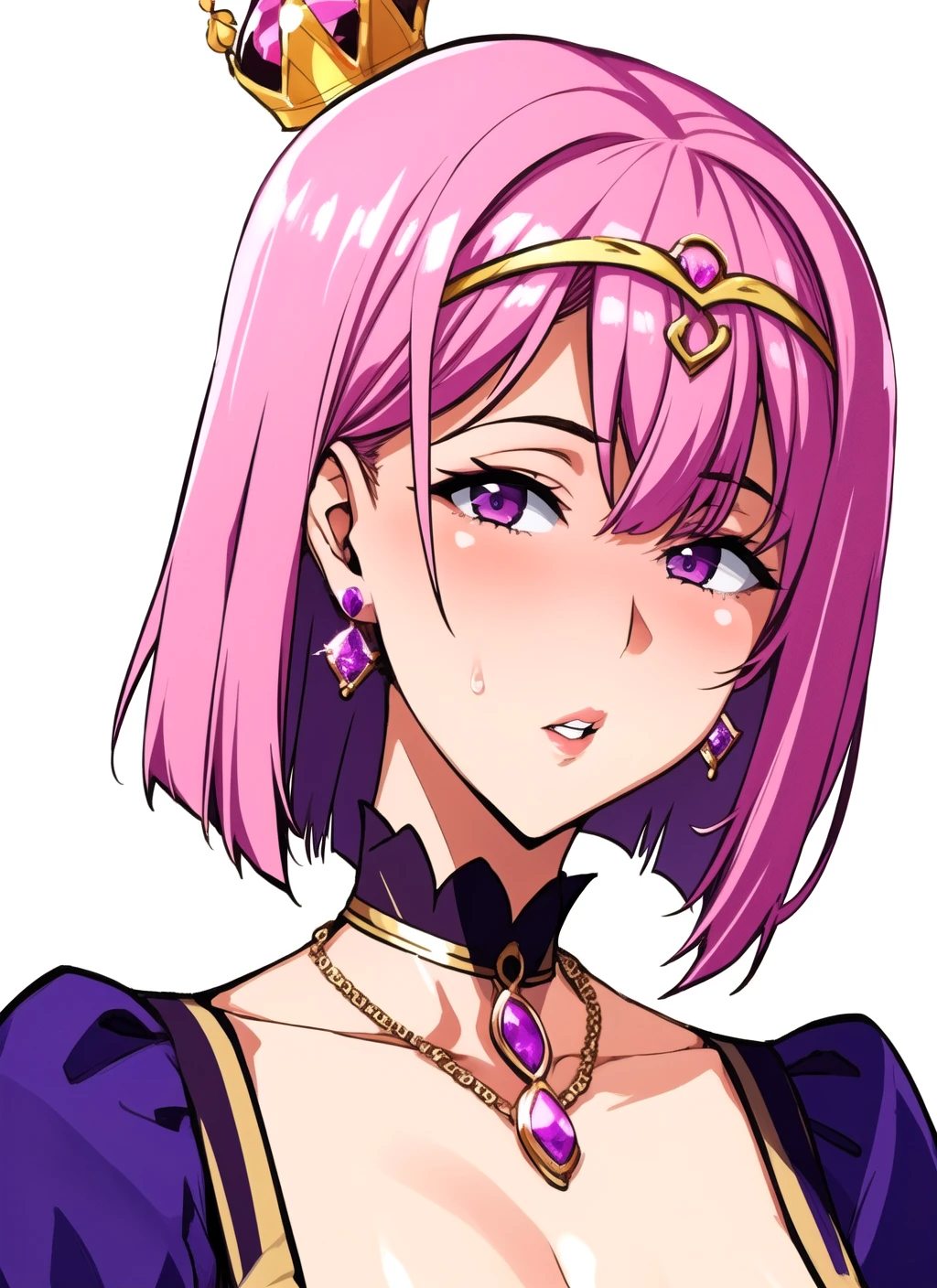 1girl, looking at viewer, solo, short hair, bangs, jewelry, purple eyes, flower, pink hair, earrings, parted lips, necklace, crown, gem, portrait, white background <lora:TakedaHiromitsu:0.8>