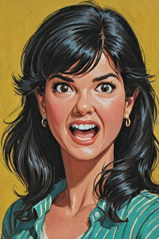 a solo portrait painting of a phoebe cates,upper body, exaggerated cartoon caricature, marsattacks style, <lora:Mars_Attack_Style_XL_2>