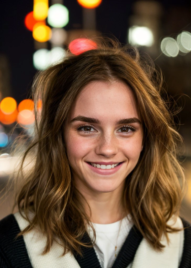 <lora:emwts-long hair-medium length hair-brown hair-smile-collected hair21:1> emwts, brown hair,long hair,close-up,canon powershot,extreme dof,wearing sweater,city street,night,bokeh,soft lighting,masterpiece,smile, <lora:add_detail:1>