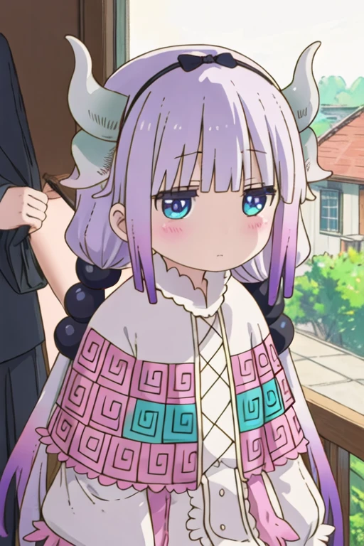 best quality, masterpiece, highres, solo, {kanna_kamui_kobayashisanchinomaidragon:1.15}, long_hair, light_purple_hair, blue_eyes, hair_ornament, bangs, blush, multicolored_hair, twintails, blunt_bangs, hair_beads, beads, hairband, gradient_hair, low_twintails, horns, dragon_horns, purple_hair, multiple_girls, 2girls, female_child, brown_hair, child