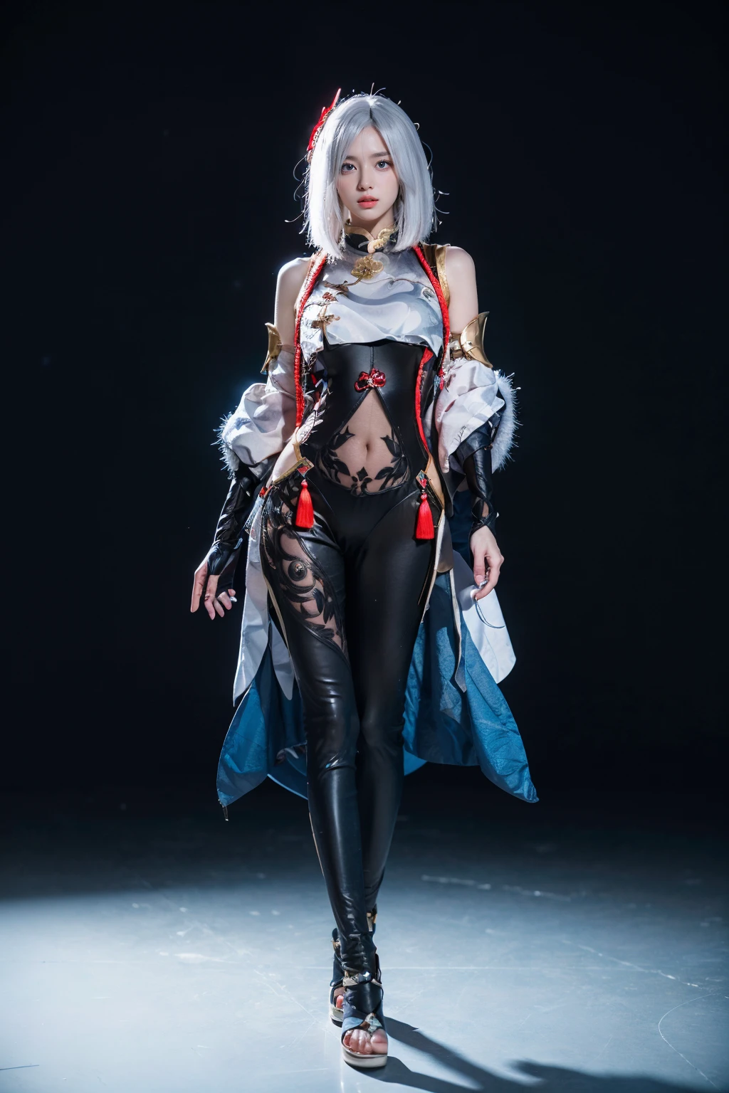 best quality, masterpiece, photorealistic, 1girl, solo, standing, arms at side, full body, looking at viewer, closed mouth, hair between eyes, expressionless, shenhe cosplay costume, cosplay, white hair, black bodysuit, breast curtain, shoulder cutout, partially fingerless gloves, hip vent, tassel, toeless footwear, hair ornament, simple background, <lora:genshin_Shenhe_cosplay_v1:0.7>