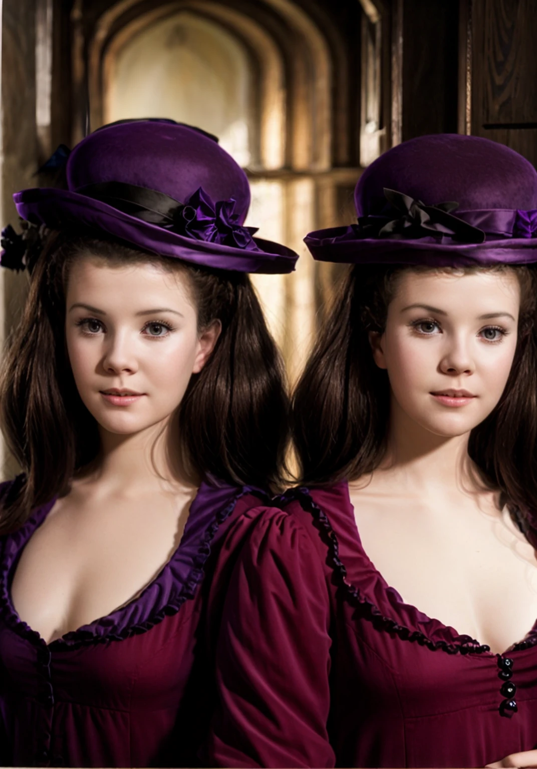 masterpiece photo, CollinsonTwins, Mary Collinson in purple, Madeleine Collinson in red, wearing 17th century clothes, 17th century hats, Twins of Evel, inside, 17th century Mansion, <lora:CollinsonTwins-15:1>, high quality, absurdres,