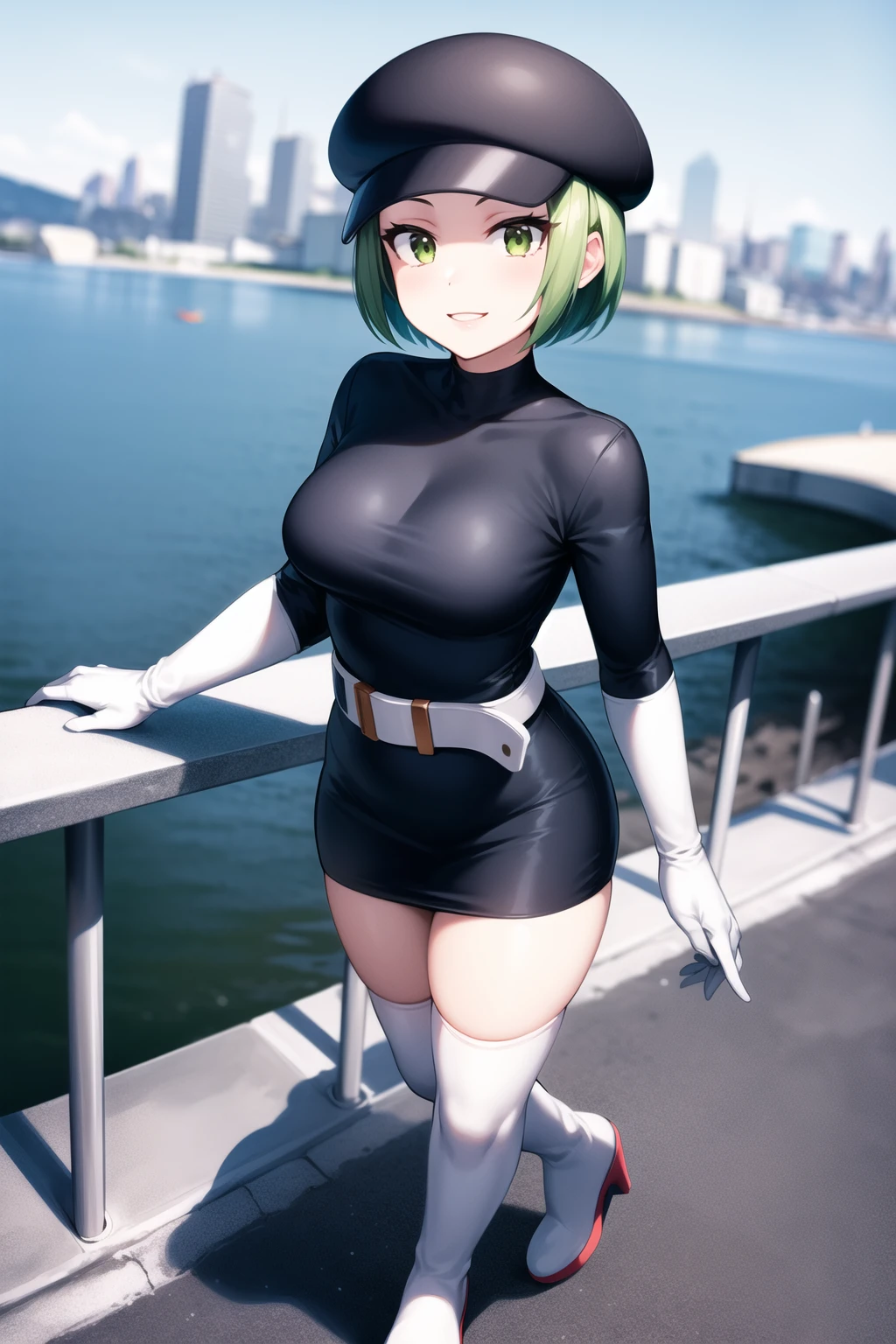masterpiece, trgrunthgss, 1girl, solo, looking at viewer, smile, short hair, detailed background, thighhighs, gloves, hat, city background, dress, standing, full body, green hair, boots, parted lips, belt, white gloves, green eyes, black dress, zettai ryouiki, eyelashes, black headwear, thigh boots, short dress, white footwear, grey footwear, white belt, grey gloves, team rocket, grey belt, team rocket uniform, from above,<lora:Team_Rocket_Grunt_HGSS:0.6> <lora:more_details:0.3>