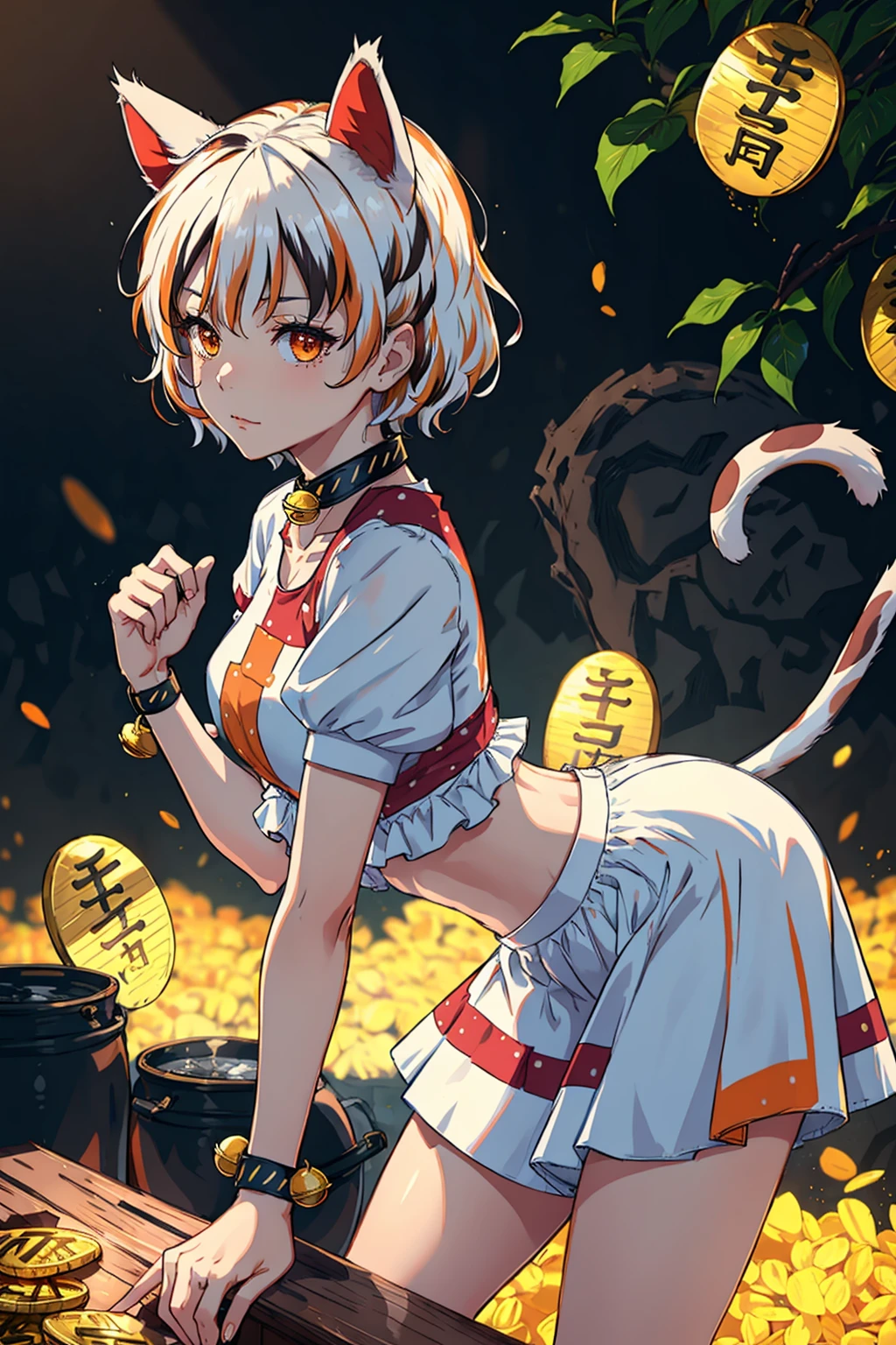 masterpiece, best quality,  <lora:GodoukujiMike:1>,1girl, tail, animal ears, cat ears, cat tail, solo, bell, maneki-neko, short hair, multicolored hair, skirt, neck bell, streaked hair, white hair, jingle bell, crop top, looking at viewer, short sleeves, bangs, midriff, shirt, cat girl, multicolored shirt, closed mouth, breasts, leaning forward, collarbone, gold, puffy sleeves, collar, orange eyes, multicolored skirt, black collar, wristband, puffy short sleeves, coin, multicolored clothes, standing, patch