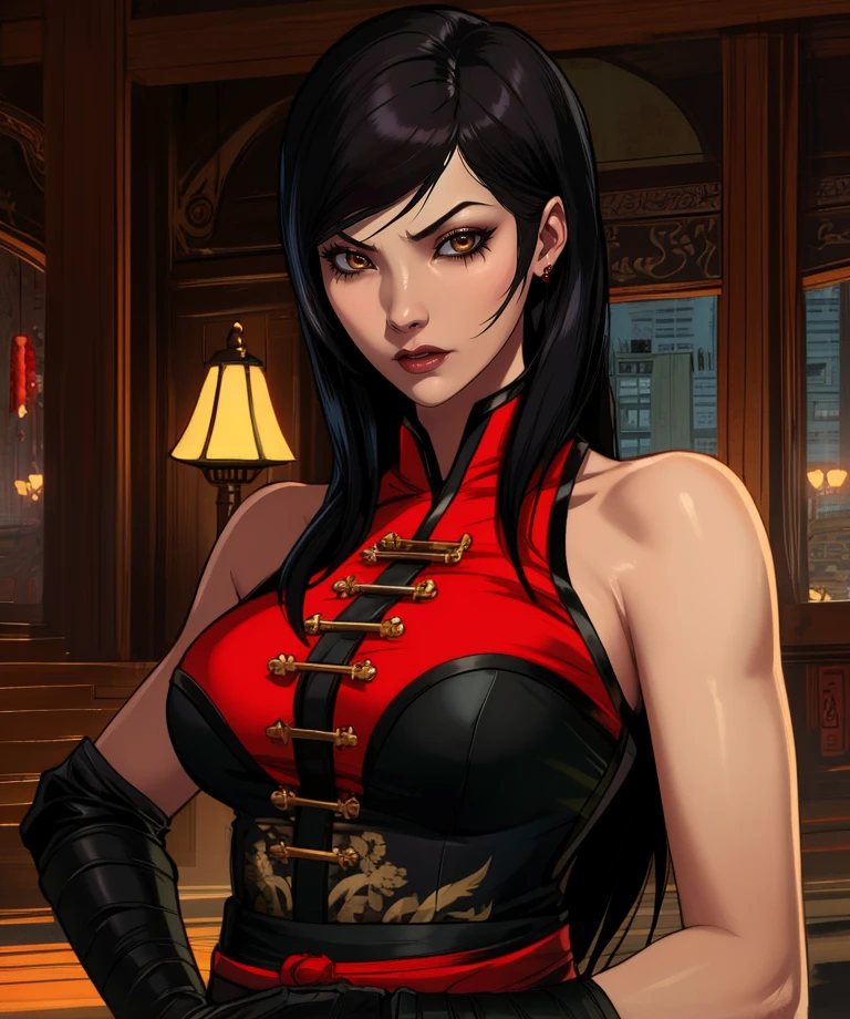 LadyShiva,brown eyes,black hair,long hair,
chinese clothes,black pants,gloves,bare shoulders,toned,
standing,upper body,
gotham,temple,
(insanely detailed, beautiful detailed face, masterpiece, best quality) cinematic lighting,<lora:LadyShiva:0.7>,