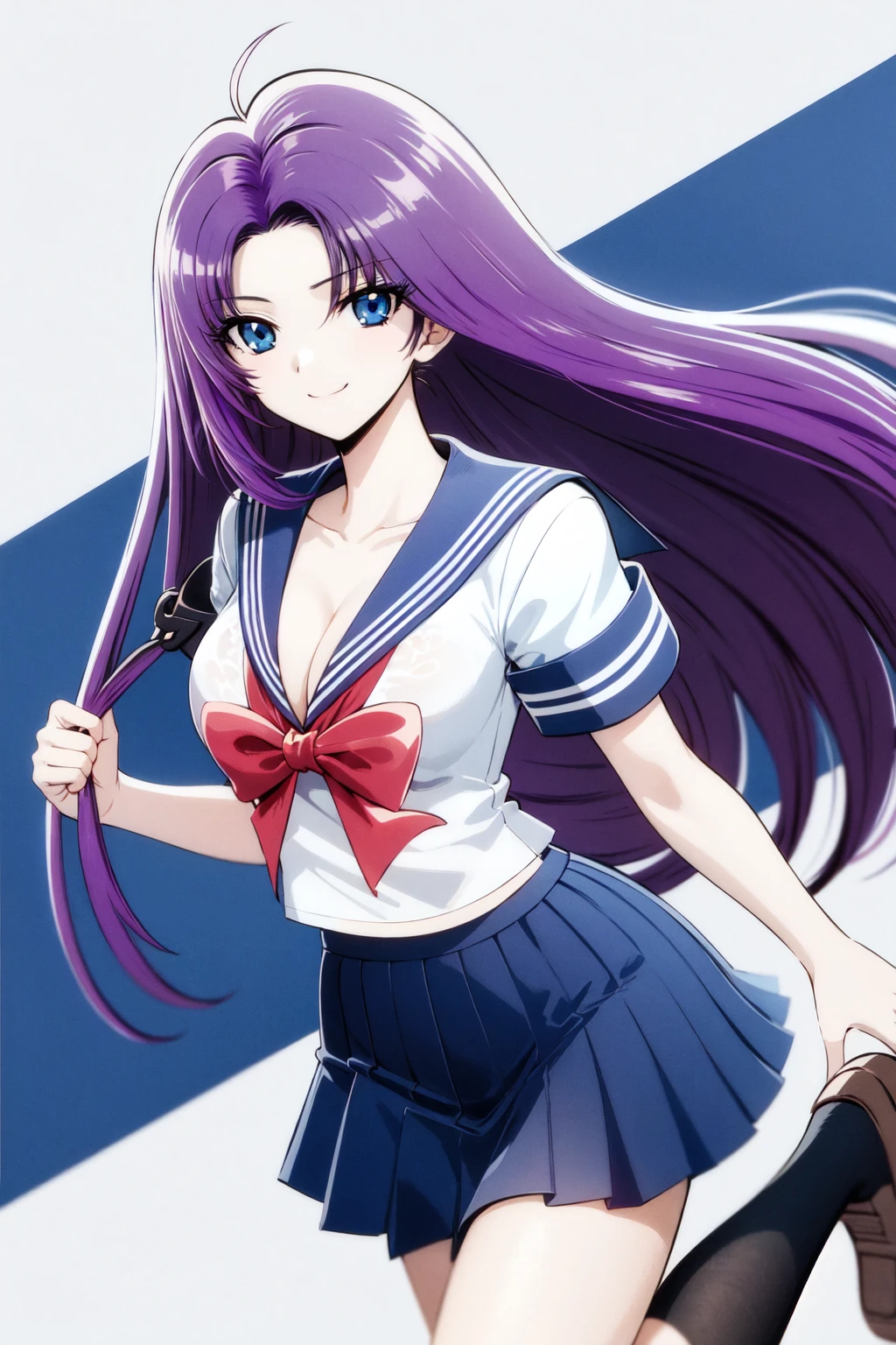 <lora:ReibaishiIzuna_ComicStyle-000040:0.7:lbw=outall>
long hair, blue eyes, purple hair, cleavage, breasts,
school uniform, pleated skirt, serafuku, sailor collar, red bow, blue skirt,black socks,
smile,, (best quality:1.3),1girl,<lora:GoodHands-beta2:1>,