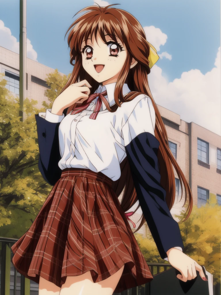 <lora:Minamizato_Ai:0.8> MinamizatoAi, 1girl, solo, long hair, brown hair, skirt, striped, plaid, red eyes, ribbon, open mouth, plaid skirt, retro artstyle, smile, 1990s (style), long sleeves, shirt, red skirt
masterpiece, high quality, very_high_resolution, large_filesize, full color,