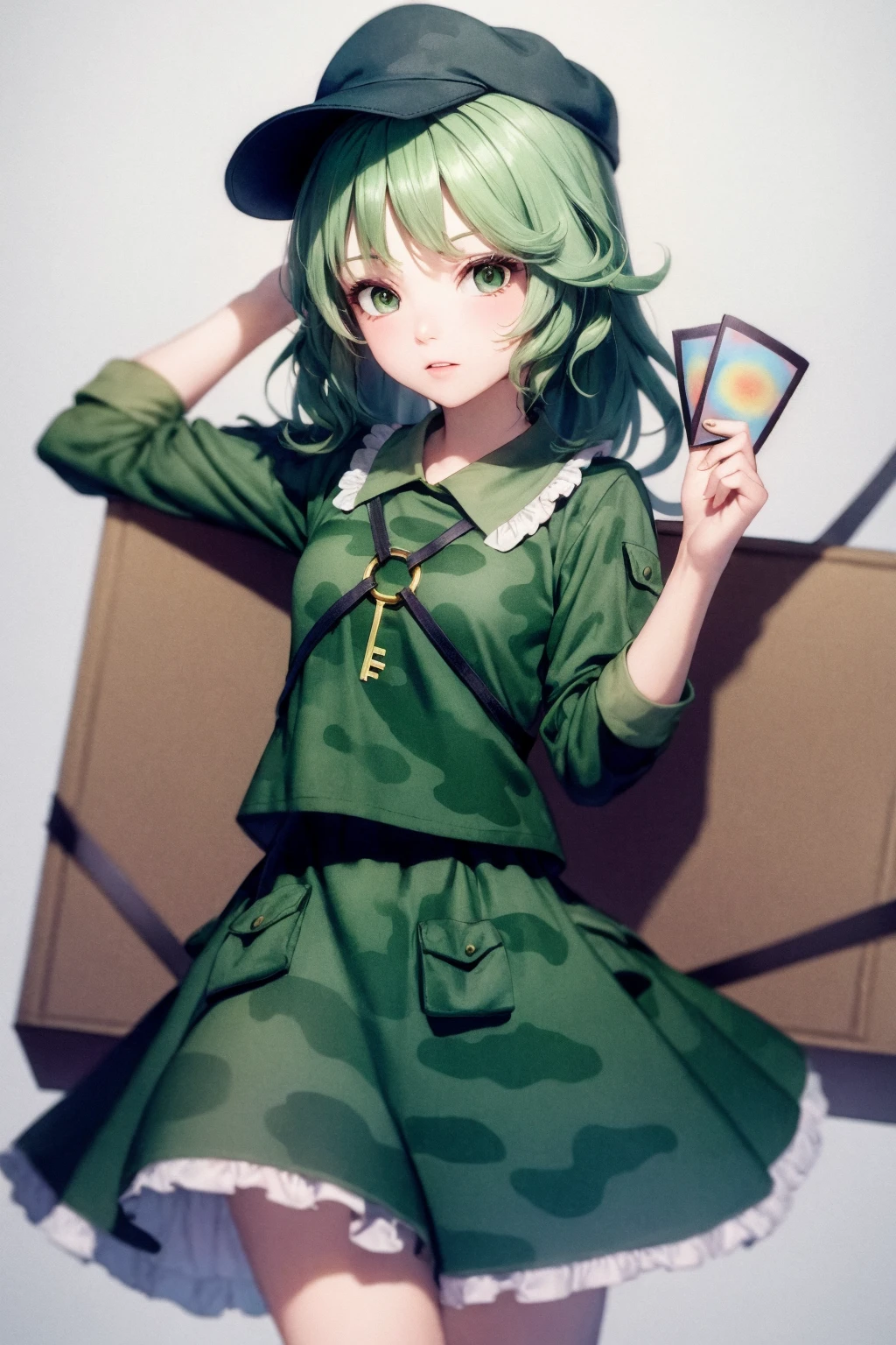 masterpiece, best quality,  <lora:YamashiroTakane:1>,
1girl,camouflage, hat,green hair,medium hair,green eyes,key,camouflage shirt,long sleeves,camouflage skirt,frilled skirt,pocket,
box,card,holding card,
grey background, cowboy shot,