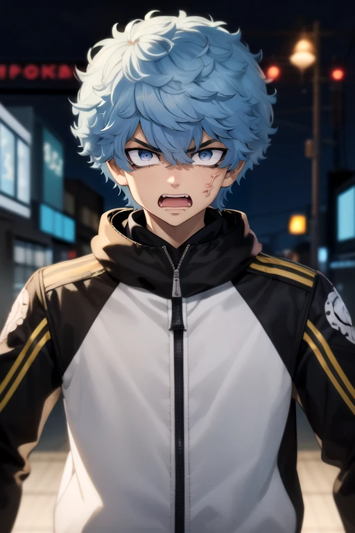 (best quality:1.1), (masterpiece:1.4), illustration, looking at viewer, upper body, , , , 1boy, solo, male focus, <lora:souya_kawata:0.84>, souya_kawata, blue hair, grey eyes, , angry, anger vein, burglar costume, ,