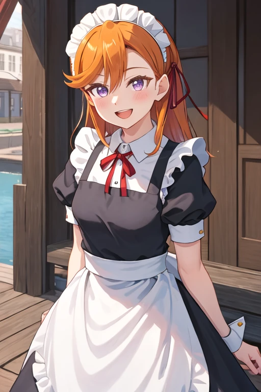 best quality, masterpiece, highres, solo, {maid:1.40}, {long maid dress:1.15}, {shibuya_kanon_lovelivesuperstar:1.15}, orange_hair, bangs, purple_eyes, long_hair, smile, blush, ribbon, open_mouth, neck_ribbon, red_ribbon, medium_hair, shiny_hair