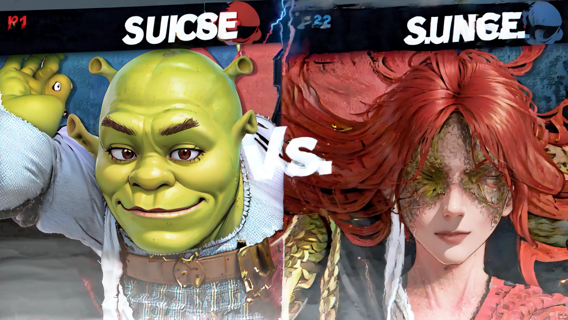 IncrsSSBUVS, <lora:SSBUVSScreen:0.55>, smirk,
BREAK, shrex, green skin, ogre, shrek, <lora:Char_Sigmas_Shrek:0.9>, 1boy,
BREAK, single mechanical arm, prosthesis, MaleniaRot, wings, scar, covered eyes, <lora:Looks_RottenFace:1>, <lora:Char_EldenRing_Malenia:1>