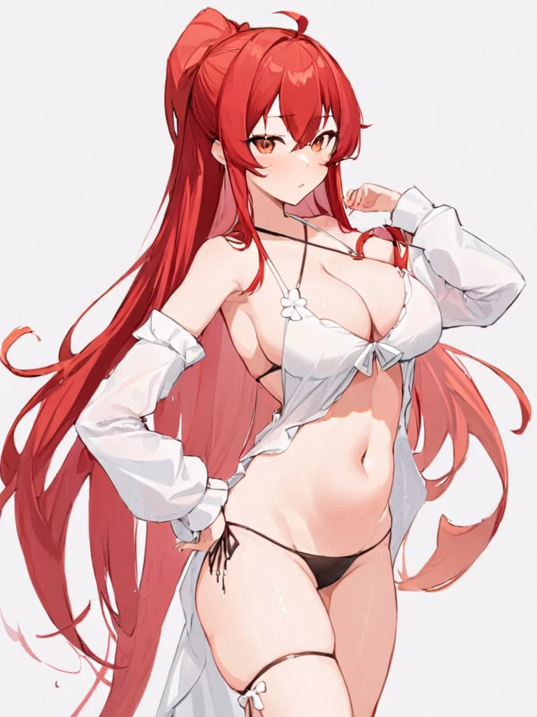 surtr swimsuit,1girl,solo,breasts,red hair,long hair,navel,stomach,cleavage,hand on hip,white background,long sleeves,very long hair,simple background,halterneck,armpits,standing,white sleeves,<lora:42_cover_xl:1>,