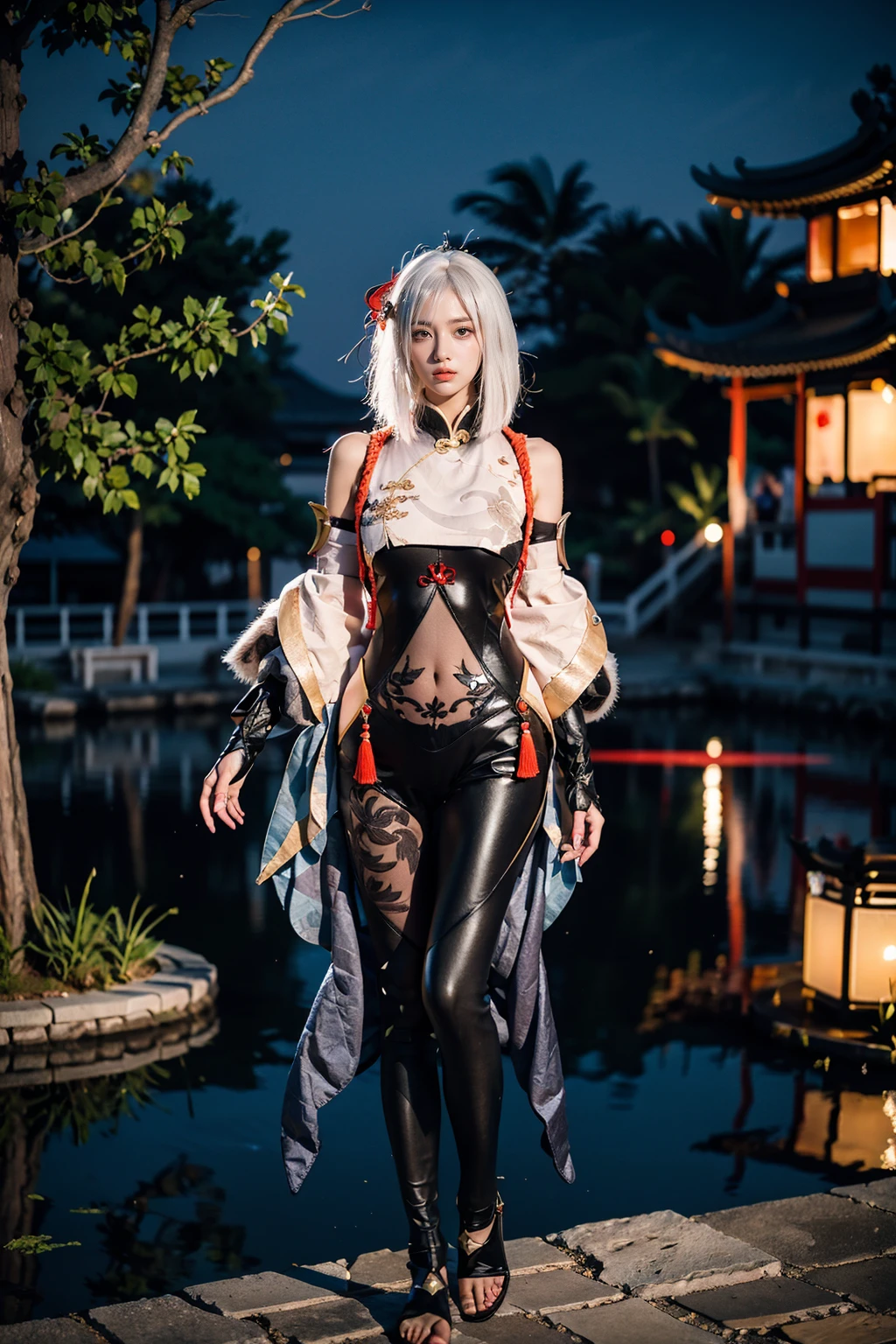 best quality, masterpiece, photorealistic, 1girl, solo, arms at side, full body, looking at viewer, arms at side,expressionless, closed mouth, hair between eyes, expressionless, shenhe cosplay costume, cosplay, white hair, black bodysuit, breast curtain, shoulder cutout, partially fingerless gloves, hip vent, tassel, toeless footwear, hair ornament, outdoors, chinese garden, tree, flower, night, light, <lora:genshin_Shenhe_cosplay_v1:0.7>