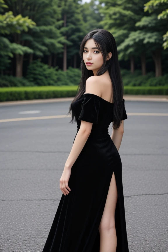 1woman, black hair, center parted long hair, realistic, masterpiece, high detailed skin, wearing random dress, looking at viewer, outdoor view, solo, full body shot
velvet off shoulder long black dress, side slit <lora:Black_Velvet_Dress_By_Stable_Yogi:0.8>