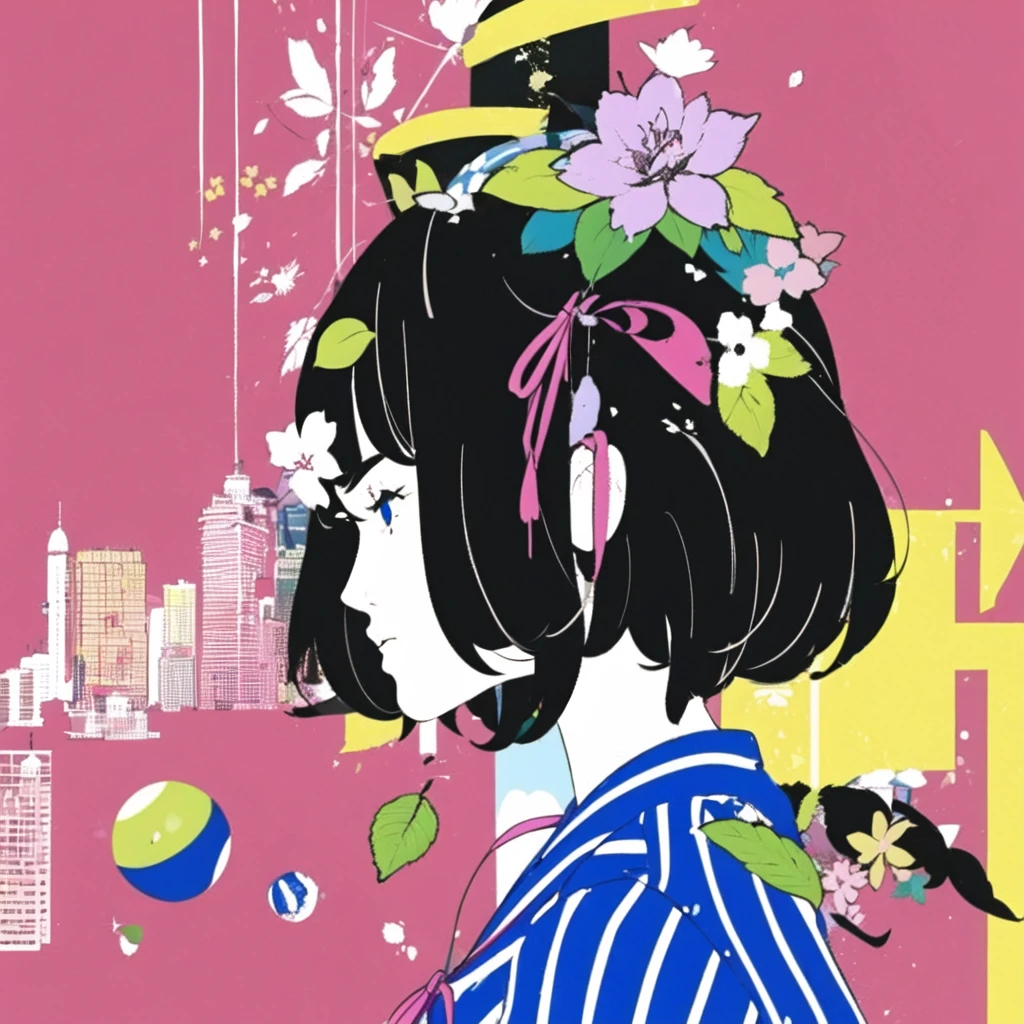 bird,solo,flower,fruit,apple,profile,food,building,leaf,white flower,bangs,<lora:Nakamura:1>,(simple background:1.2),solo,(1girl:1.2),instrument,ahoge,crossed bangs,hair between eyes,(looking_at_viewer:1.2),akashi \(yojouhan\),black hair,<lora:Akashi_TatamiGalaxy-000004:1>,single more under right eye,short black hair,blue white stripe sailor dress,pink string ribbon,, masterpiece,best quality,highres,ultra high res,(abstract art:1.2),2d,(highlydetailed),(colorful),(intenseexpression),(fashionable),