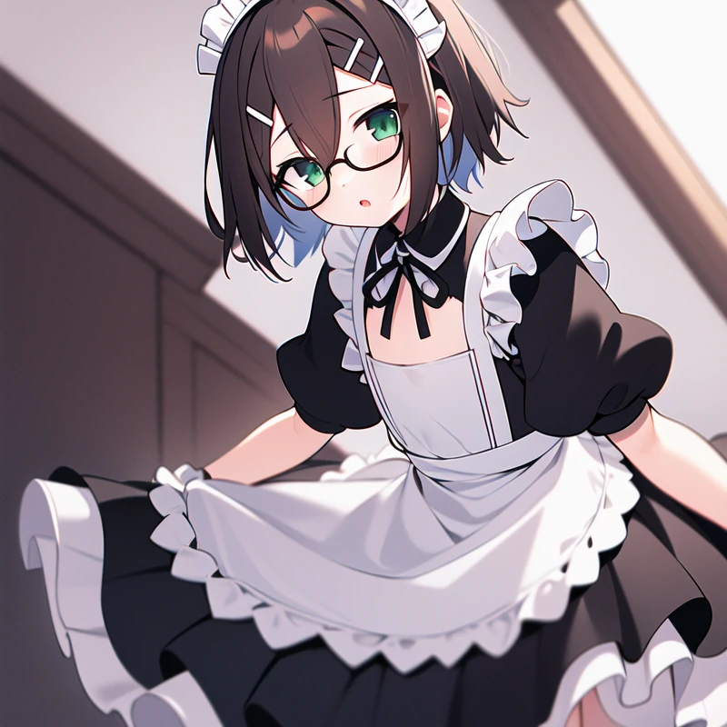 1boy, otoko no ko, male focus, solo, masterpiece, best quality, illustration, absurdres, cute, film_grain, extremely detailed face, perfect lighting, cowboy shot, <lora:hideyoshi_kinoshita:0.7>, hideyoshi_kinoshita, brown hair, green eyes, hair ornament, hairclip, hair between eyes, flat chest, see-through, maid, maid dress, glasses, hair ornament,