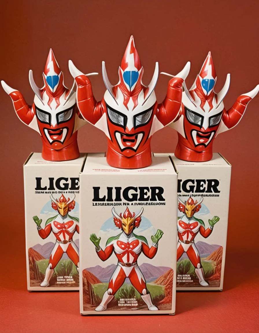 Dadaism Art of 1987 Action Figure Playset Packaging - a red and white masked man with three heads sprouting from his shoulders, text "LIGER" printed on box <lora:Jushin_Thunder_Liger:.7> <lora:1987 Action Figure Playset Packaging:1> , satirical, nonsensical, dadaism art
