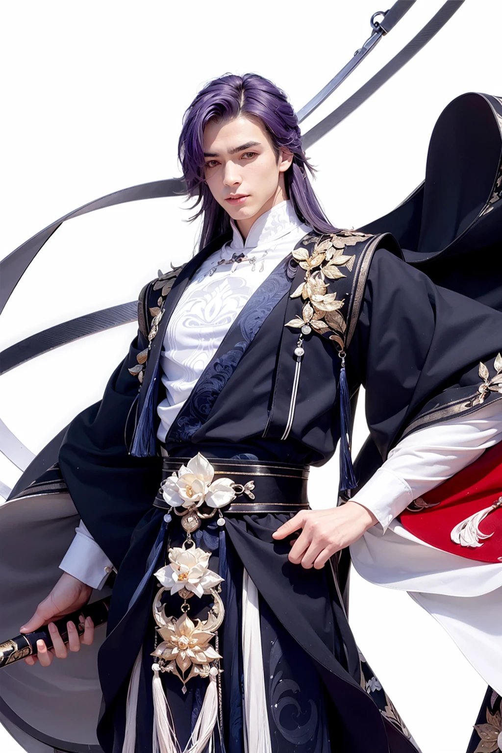 masterpiece, best quality, <lora:fstyle03-000005:1>,1boy, male focus, solo, long hair, weapon, white background, sword, very long hair, holding weapon, simple background, holding, black hair, hair ornament, multicolored hair, looking at viewer, holding sword, ponytail, long sleeves, chinese clothes, blue hair, bangs, closed mouth, smile, hanfu, white hair, purple hair, standing, jewelry, tassel, high ponytail, bishounen