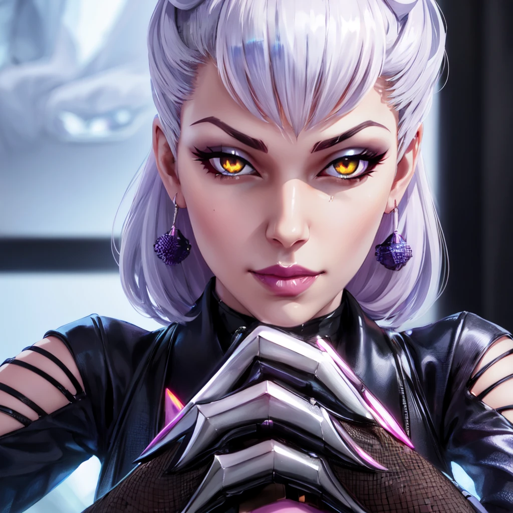 a woman sitting in a park, upper body<lora:KDAEvelynnv2LoRA:0.8> kdaevelynn with pink grey hair and orange eyes, wearing kdaoutfit and claws, beautiful eyes, beautiful girl, high detail skin, high detail eyes, high detail hair, highres, ultra detailed, sharpen picture, Highly detailed, masterpiece, best quality,