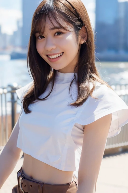 1girl, (wearing a white shirt over cropped top:1.8),(RAW photo, best quality), (realistic, photo-realistic:1.4), masterpiece, an extremely delicate and beautiful, extremely detailed, 2k wallpaper, Amazing, finely detail, extremely detailed CG unity 8k wallpaper, ultra-detailed, highres, soft light, beautiful detailed girl, extremely detailed eyes and face, beautiful detailed nose, beautiful detailed eyes,cinematic lighting,(in the city:2.0),perfect anatomy,(slender body:1.0),(close up face:2.0),(gently smile,Friendly, warm:2.0),(looking at viewer:2.0),(young japanese idol:1.8),(wavy long hair:1.8), (brown eyes:1.8),(standing:2.0), (cleavage:1.8), <lora:datesayuri_lora-11:0.8>