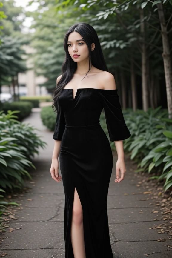 1woman, black hair, center parted long hair, realistic, masterpiece, high detailed skin, wearing random dress, looking at viewer, outdoor view, solo, full body shot
velvet off shoulder long black dress, side slit <lora:Black_Velvet_Dress_By_Stable_Yogi:0.8>