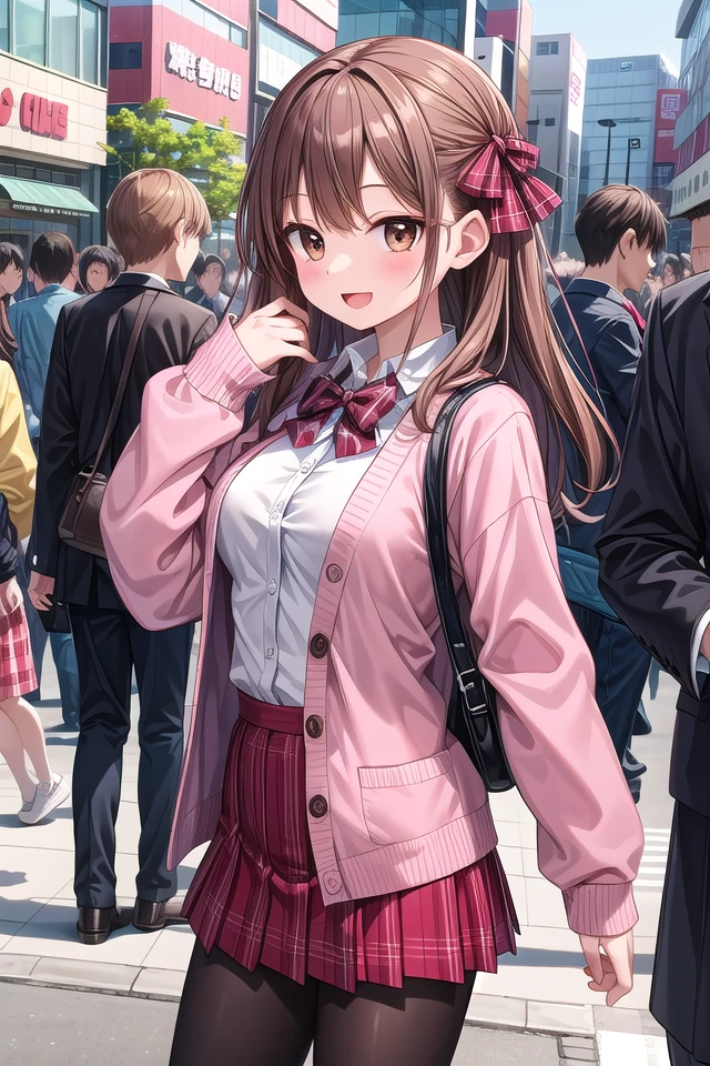 insanely detailed, absurdres, ultra-highres, ultra-detailed, best quality,
1girl, solo, nice hands, perfect hands
BREAK
(School Uniforms:1.2), (pink cardigan is fit body:1.4), ((do up a buttons, not loose):1.5), ((long sleeve, sleeves past wrists):1.2), (inner wear is white collared-shirt:1.3), (red plaid-pattern bow:1.3), (red plaid-pattern pleated skirt:1.3), ((dark-brown pantyhose, loafers):1.2) ,
BREAK
happy smile, laugh, open mouth, standing,
from side,
cute pose, cowboy shot,
BREAK
slender, kawaii, perfect symmetrical face, ultra cute girl, ultra cute face, ultra detailed eyes, ultra detailed hair, ultra cute, ultra beautiful,
BREAK
in harajuku, shibuya, tokyo, street, crowd, cityscape,
BREAK
medium large breasts,
(brown hair, brown eyes), hime cut