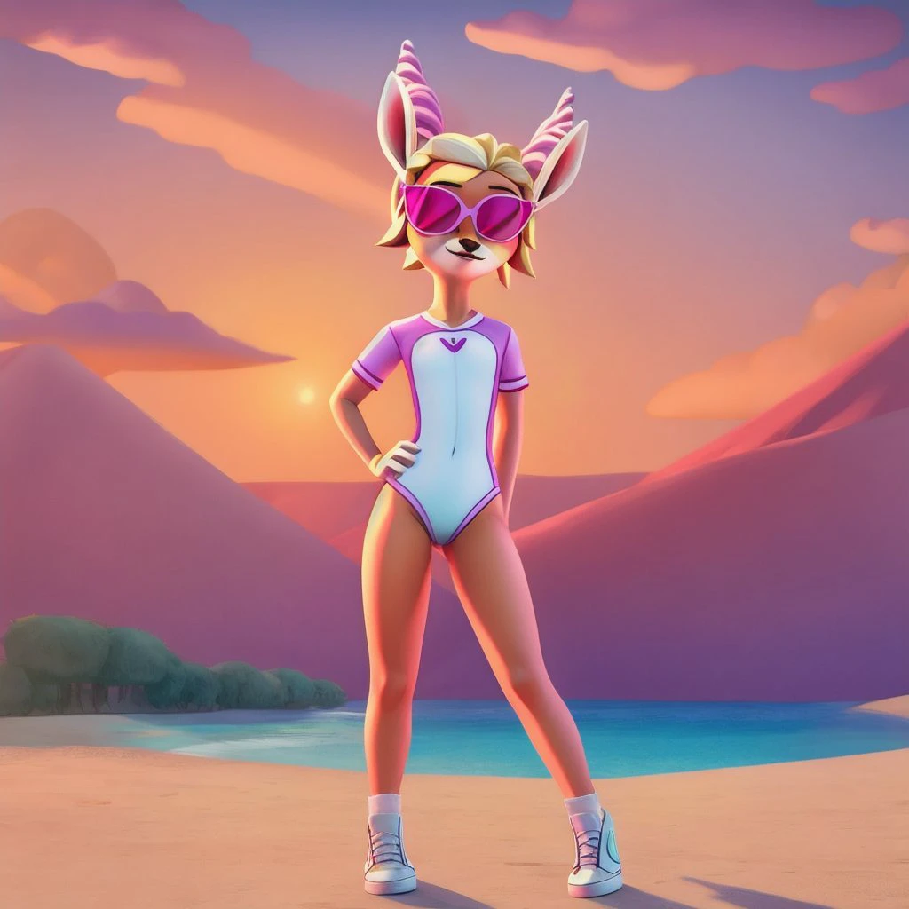 <lora:Ulya:1>
ulya, antilope, masterpiece, 1girl, solo, blonde hair, pink sunglasses, white swimsuit, short sleeves, purple sleeves, white soft shoes