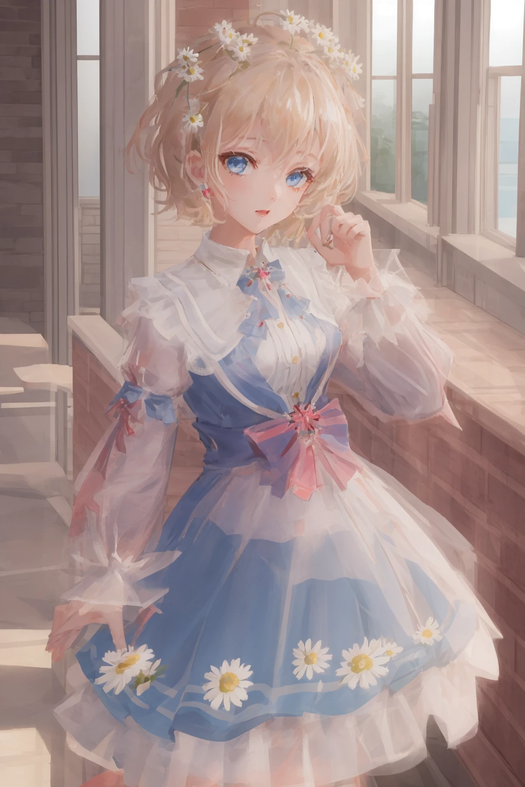 woman, (adult), solo, blonde hair, blue eyes, dress, bouffont dress, transparent long sleeves, daisies, cherry,
sexy pose, sexy face, (high quality), (best quality), (detailed), perfect lighting, detailed face, detailed body, <lora:Dress08:0.7>