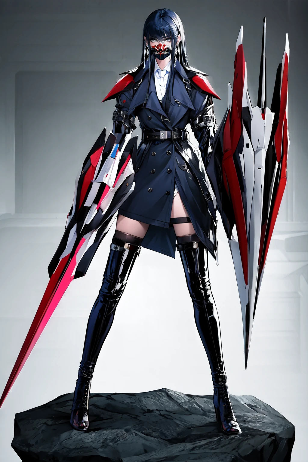 full body,1girl,solo,rohu,collared shirt,thigh boots,uniform,white necktie,coat,elbow gloves,thighhighs under boots,belt,jewelry,earrings,zettai ryouiki,looking at viewer,<lora:ProjectRohu-000008:1>,standing,tachi-e,solo_focus,foreshortening,holding,shield,sword,mask,