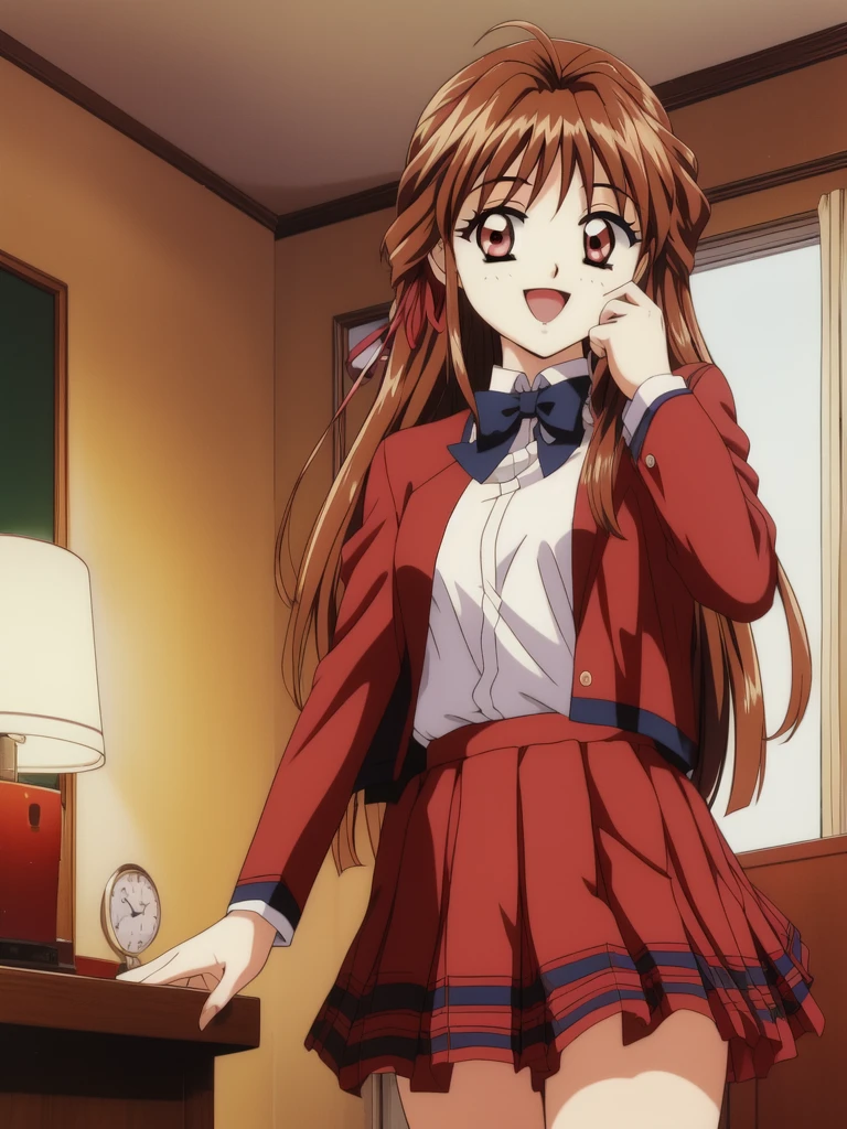 <lora:Minamizato_Ai:0.8>MinamizatoAi, 1girl, solo, long hair, skirt, brown hair, long sleeves, red eyes, 1990s (style), open mouth, smile, school uniform, retro artstyle, red skirt, ribbon, pleated skirt, looking at viewer, bangs, jacket, hair ribbon, standing, miniskirt, blazer, shiny, :d, hotel in the room,
masterpiece, high quality, very_high_resolution, large_filesize, full color, home in the room,