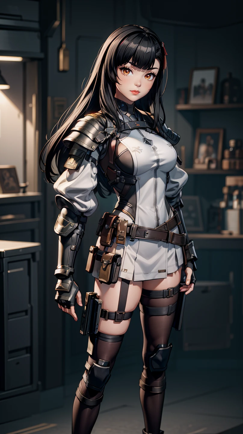 masterpiece,(photorealistic:1.4),best quality,high quality,highres,game cg,comic,
beautiful lighting,(ulzzang-6500:0.5),
girls2zf_jj,1girl,bangs,black hair,black legwear,brown eyes,gloves,gradient,gradient background,grey background,holster,long hair,long sleeves,looking at viewer,snap-fit buckle,solo,standing,thigh holster,thigh strap,thighhighs,red lips,
<lora:girls2zf_jj:0.6>,
(portrait:1.8),(front view,dutch angle:1.3),arms behind back,
(backlighting:1.2),
blurry background,blurry,depth of field,
<lora:add_detail:0.5>,