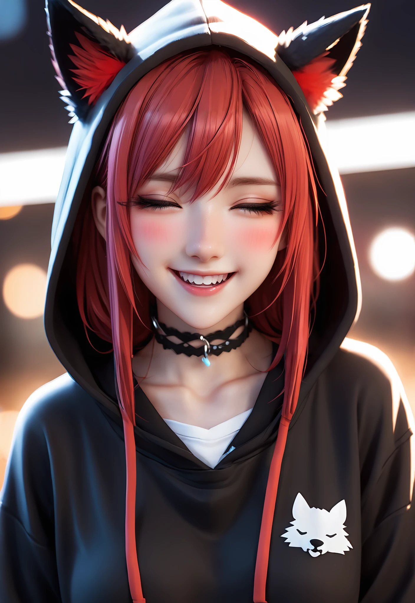 1girl, solo, long hair, blush, smile, open mouth, bangs, black hair, hair ornament, long sleeves, animal ears, hair between eyes, closed eyes, upper body, :d, red hair, multicolored hair, choker, hairclip, virtual youtuber, hood, blurry, streaked hair, animal ear fluff, hoodie, blurry background, ^_^, fangs, black choker, wolf ears, hood down, animal print, facing viewer, wolf girl, black hoodie, white hoodie, ookami mio