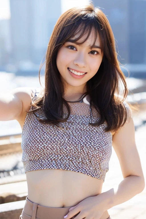 1girl, (wearing a cropped dance top:1.8),(RAW photo, best quality), (realistic, photo-realistic:1.4), masterpiece, an extremely delicate and beautiful, extremely detailed, 2k wallpaper, Amazing, finely detail, extremely detailed CG unity 8k wallpaper, ultra-detailed, highres, soft light, beautiful detailed girl, extremely detailed eyes and face, beautiful detailed nose, beautiful detailed eyes,cinematic lighting,(in the city:2.0),perfect anatomy,(slender body:1.0),(close up face:2.0),(gently smile,Friendly, warm:2.0),(looking at viewer:2.0),(young japanese idol:1.8),(wavy long hair:1.8), (brown eyes:1.8),(standing:2.0), (cleavage:1.8), <lora:datesayuri_lora-11:0.8>