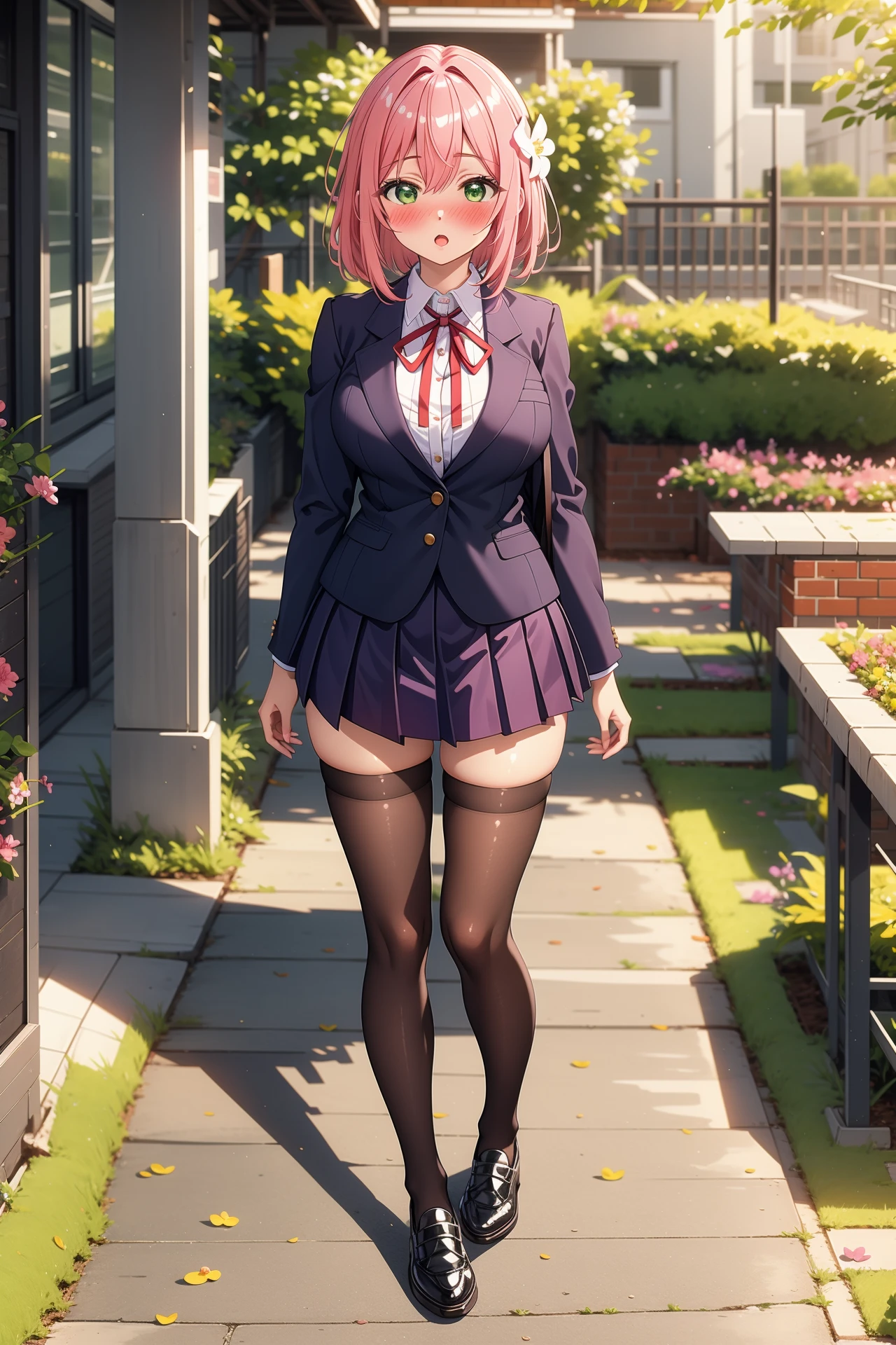 1girl, solo, BREAK outdoors, classroom, school, looking at viewer, (masterpiece:1.2), best quality, high resolution, unity 8k wallpaper, (illustration:0.8), (perfect hands, perfect anatomy), (blush:1.5), shiny hair, shiny skin, large breasts, skirt, shirt, ribbon, school uniform, blazer, white shirt, pleated skirt, collared shirt, black skirt, red ribbon, neck ribbon, :o, full body, black thighhighs, hanazono hakari, short hair, pink hair, hair between eyes, hair flower, hair ornament, green eyes