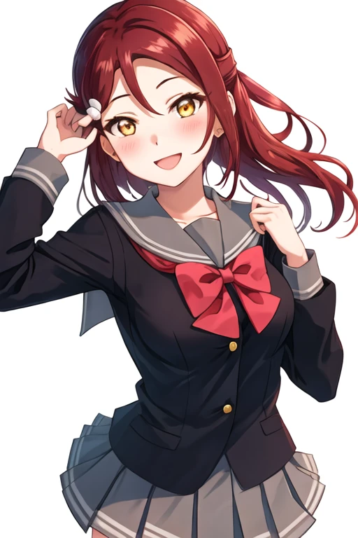 best quality, masterpiece, highres, solo, {sakurauchi_riko_lovelivesunshine:1.15}, red_hair, long_hair, yellow_eyes, hair_ornament, blush, smile, hairclip, breasts, 1girl, bow, bowtie, long_sleeves, looking_at_viewer, red_bow, school_uniform, serafuku, simple_background, uranohoshi_school_uniform, white_background, grey_skirt, red_bowtie, half_updo, open_mouth, skirt, upper_body