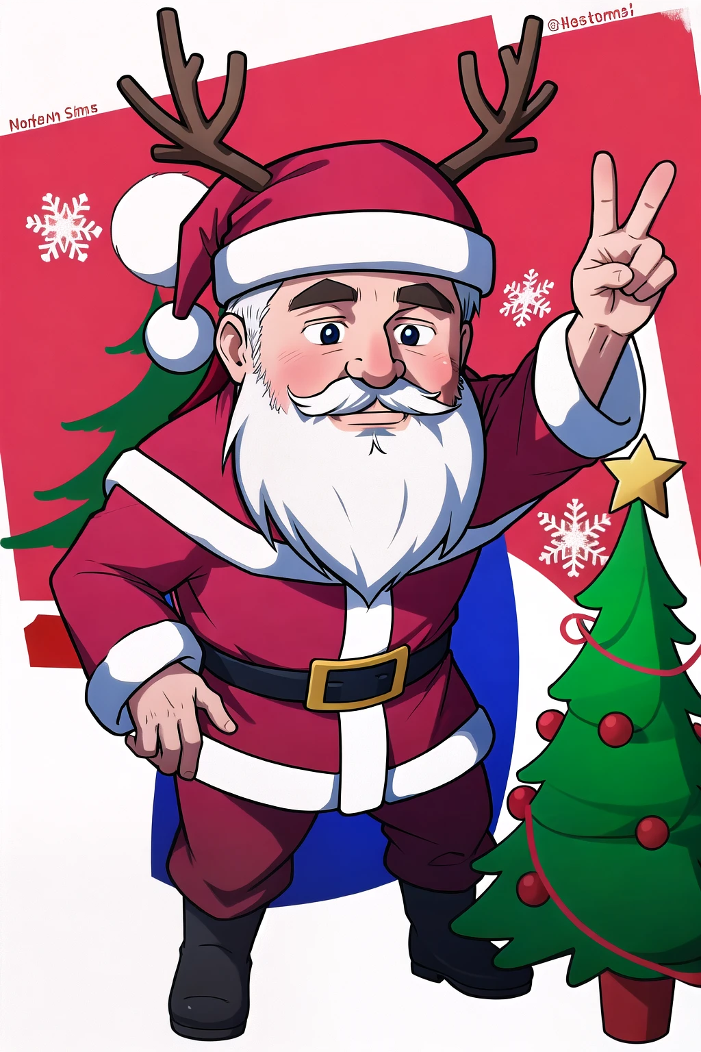 suprematism style Santa claus celebrating christmas, reindeer, tree, presents