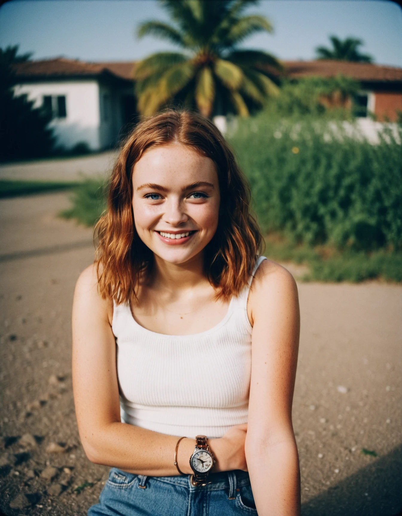 polaroid photo photograph, smiling (ohwx woman:1.3), summer , tilt shift, Horror, specular lighting, film grain, Samsung Galaxy, F/5, (cinematic still:1.2), (freckles:0.4) <lora:sadie_dh128_lora_sdxl_v1_fp16:1.1> . flash photography, light bleed, scratches, Terry Richardson style