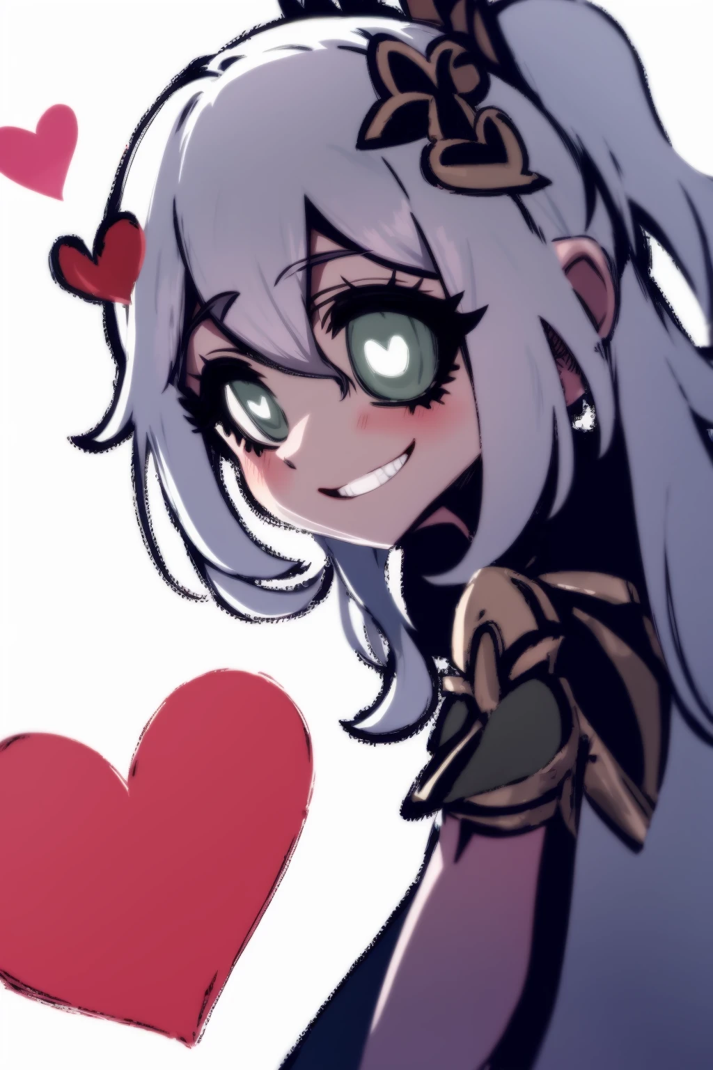 masterpiece, best quality, <lora:helltaker-c2:1>,helltaker,1girl,solo, upper body, white background, <lora:nahida:1>,1girl,white hair,hair ornament, white dress,grin,heart,heart-shaped pupils, nahida \(genshin impact\),
