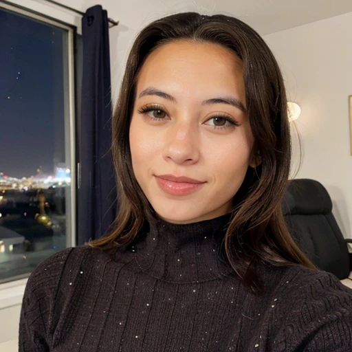 <lora:cosmickayla_sd15_512_128_64_v1:1>cosmickayla,1girl,looking at viewer, new years eve party fireworks in background, wearing a turtleneck sweater