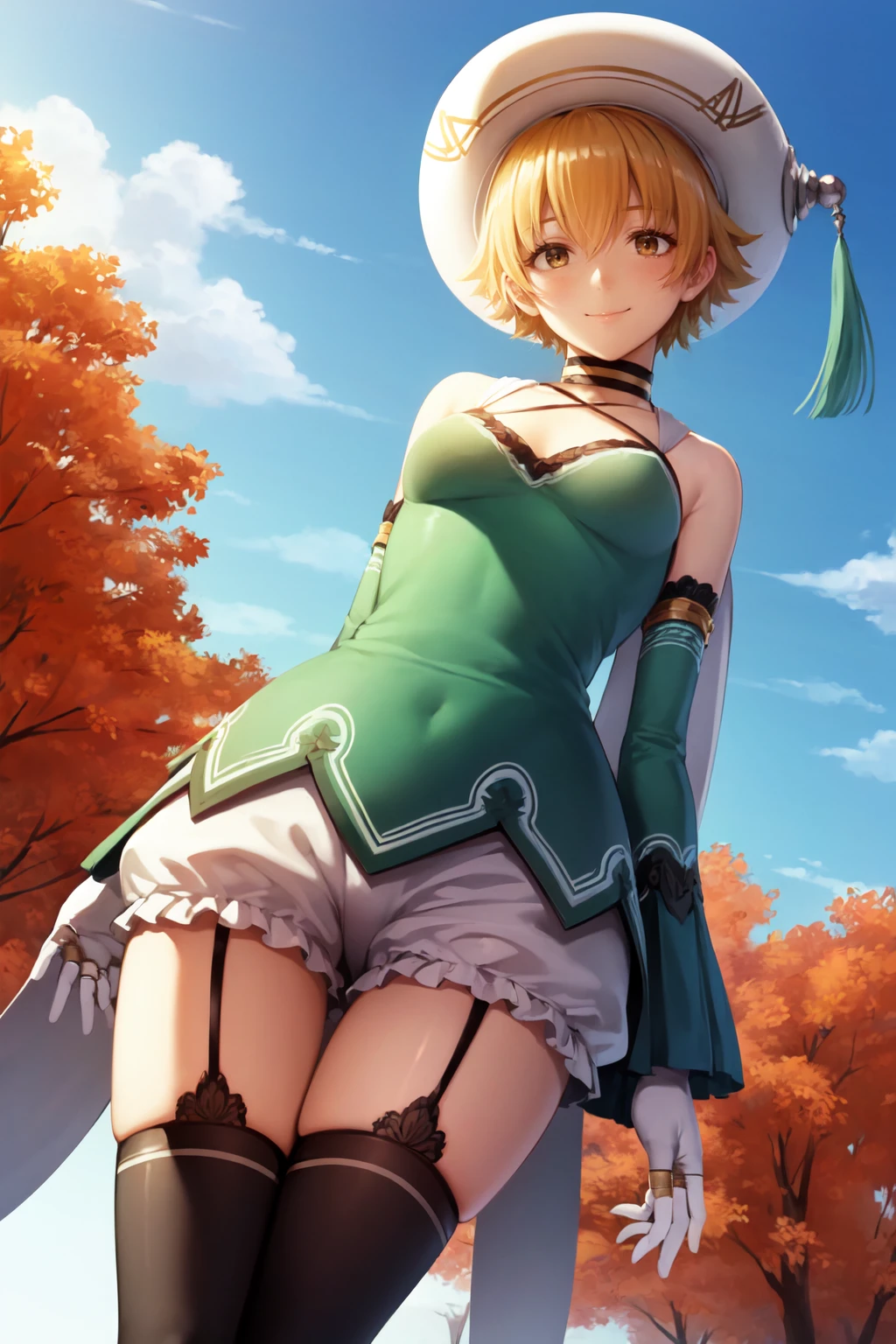 atolih, 1girl, solo, hat, choker, cape, halterneck, detached sleeves, white gloves, white bloomers, garter straps, thighhighs, bare shoulders, ring, cowboy shot, sky, clouds, village, autumn, looking at viewer, from below, closed mouth, smile, fantasy <lora:atolih_V2-10:0.7>