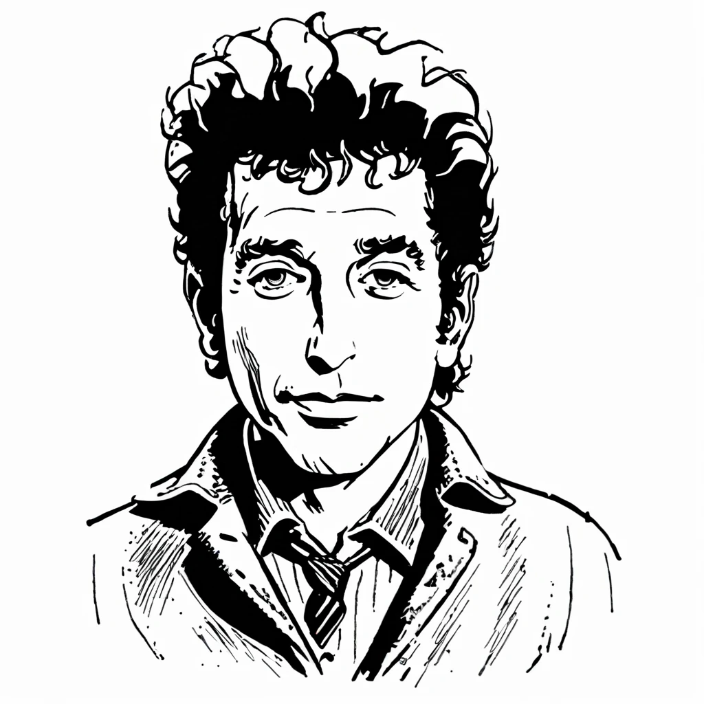 detailed vintage clipart drawing of (Bob Dylan:1.2) , black and white, commercial line art <lora:VOLK_Vintage_Clipart:1>