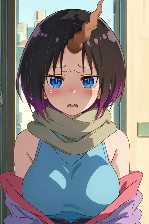 best quality, masterpiece, highres, solo, {elma_kobayashisanchinomaidragon:1.15}, black_hair, multicolored_hair, purple_hair, gradient_hair, short_hair, blue_eyes, blush, breasts, large_breasts, 1girl, horns, single_horn, closed_eyes, open_mouth, night, scarf, tears, wavy_mouth