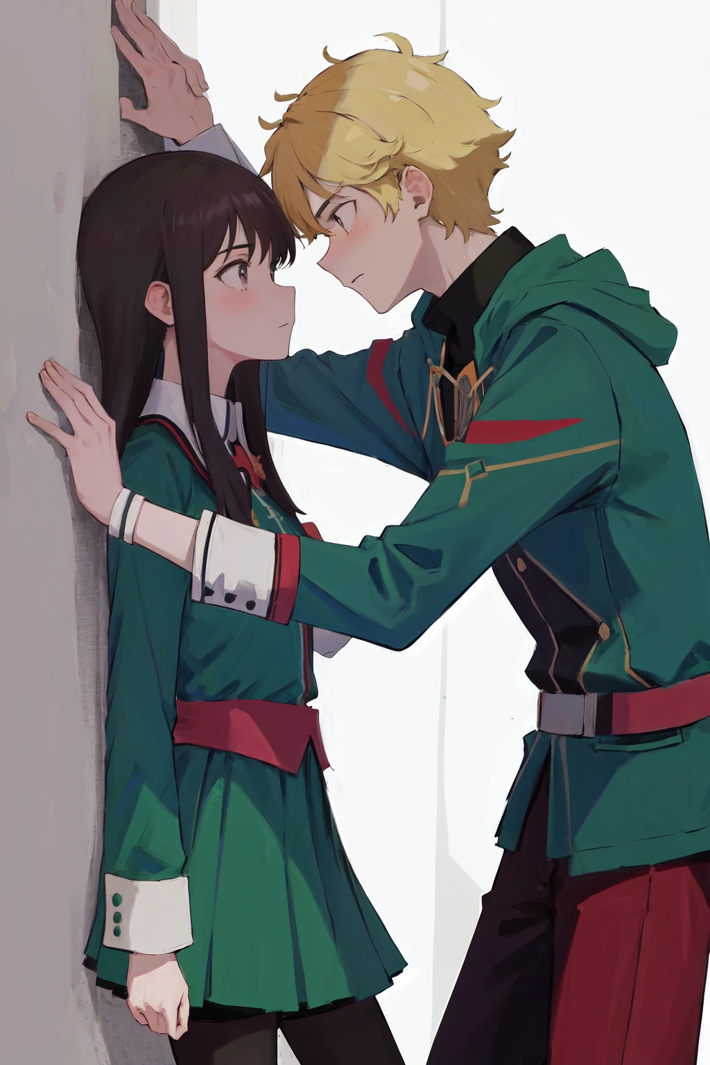 masterpiece, best quality, highres, 1girl 1boy kabedon against wall <lora:kabedon_from_side_retry:1>