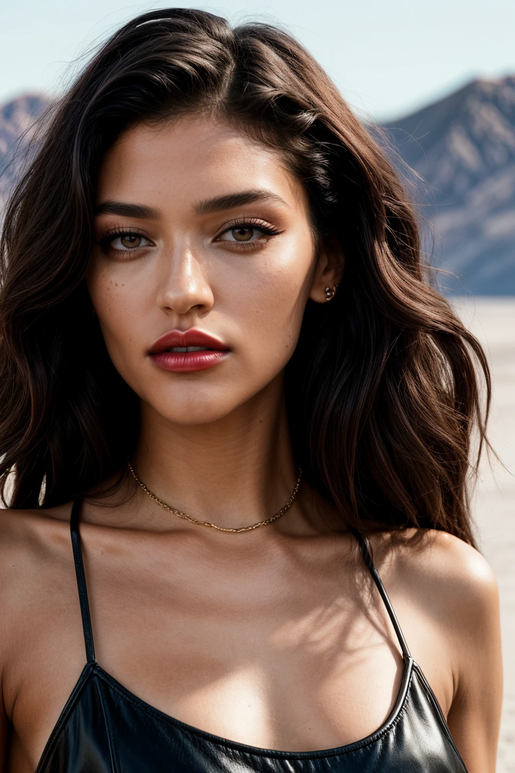 photo of (EPD4n1C4rb0n:0.99), closeup portrait, perfect hair, (modern photo,Quirky Retro:), 24mm, (analog, cinematic, film grain:1.3), ((death valley, gradient:1.1)), ((detailed eyes)), ((eyeliner, long lashes)), (epicPhoto), long eyelashes, (perfect waist), (painted lips)
