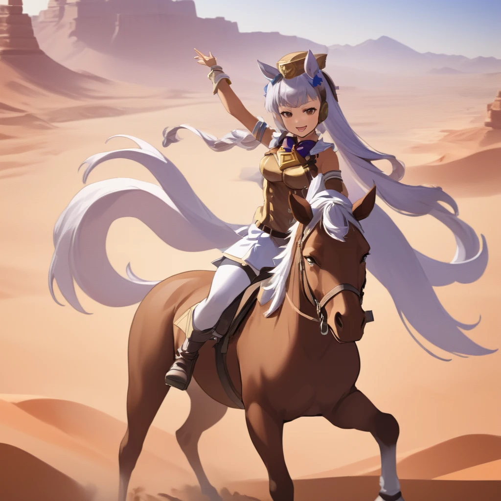A masterpiece anime professional digital art of a uma musume girl GoldShip with a smirk, riding a horse in desert <lora:goldship_xl-000040:1>